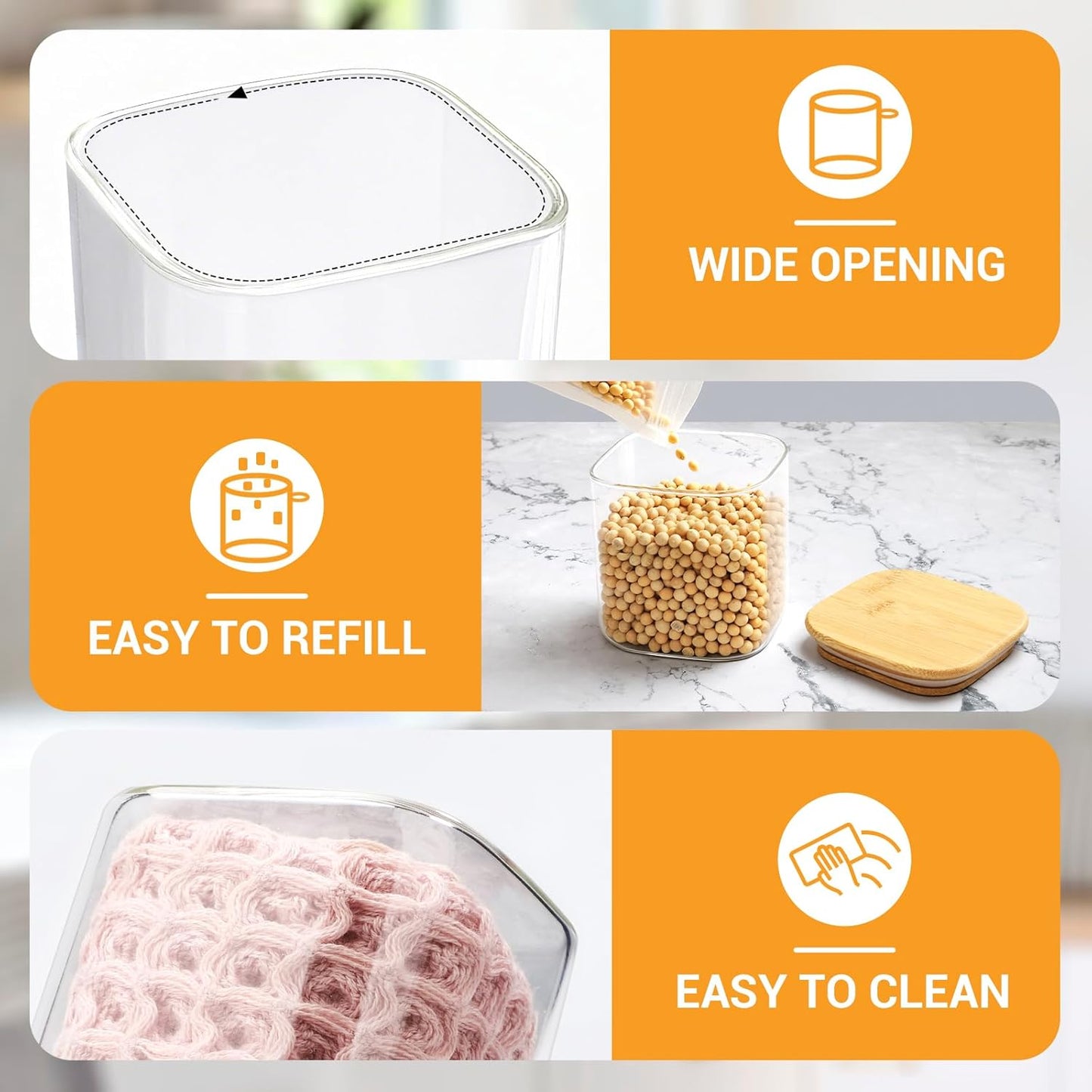 Square Glass Jar with Lid, 2 Pack 24 Fl.oz Glass Jars with Bamboo Lids, Clear Airtgiht Flour Sugar Storage Containers for Coffee, Tea, Cereal, Candy - Included Labels, Marker and Spoon