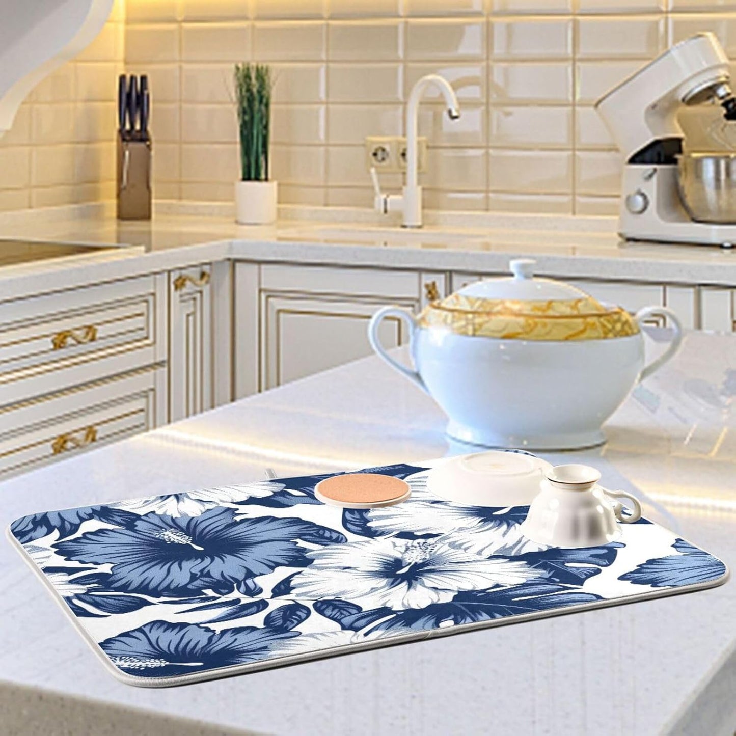 Blue White Hibiscus Flowers Dish Drying Mat for Kitchen Counter Super Absorbent Dishes Pad Reversible Microfiber Protector Dish Draining Mats 16x18 inch