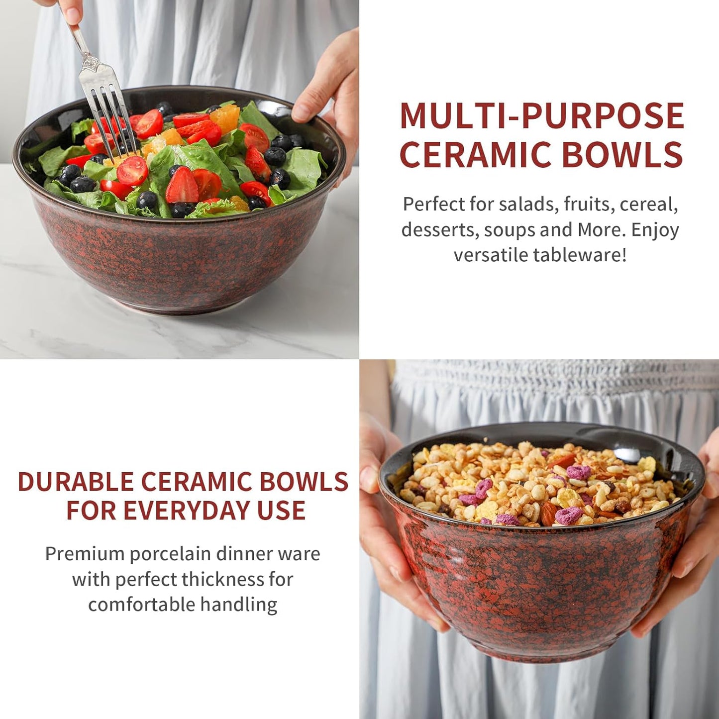 Hasense Mixing Bowls Set of 3, Procelain Serving Bowls Set for Cooking, Baking, Large Nesting Bowls for Salads, Fruit, 2.1/1.5/1.0 Qt, Dishwasher & Microwave Safe, Red