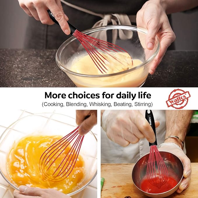 Walfos Whisk,Silicone Whisks- Heat Resistant（480°F） Silicone Whisks for Cooking Non Scratch,BPA free and Dishwasher Safe.Perfect for Blending,Whisking,Beating, Set of 3(Red)