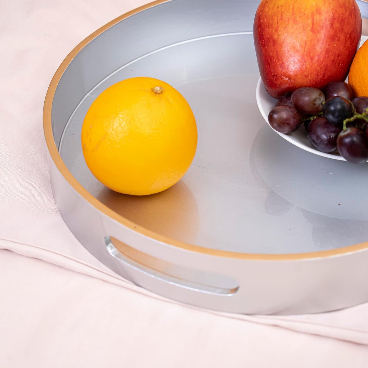 PEMAR 12.6" Round Lacquer Serving Tray with Insert Handle Decorative Basket Tray for Breakfast, Dinner, Coffee Table Decor (Silver)