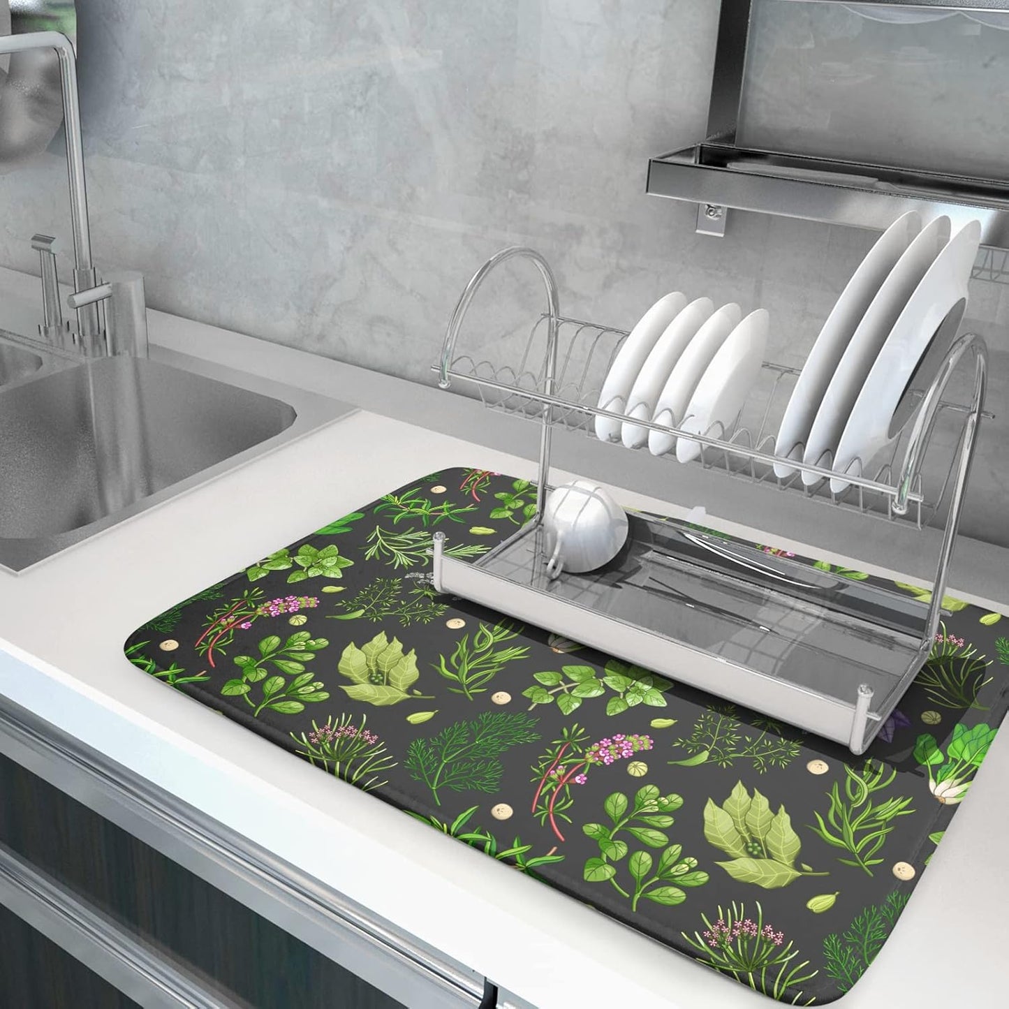 Herbs Dish Drying Mat for Kitchen Counter 18 X 24 Inch Microfiber Absorbent Dish Draining Mats Extra Large Green Plant