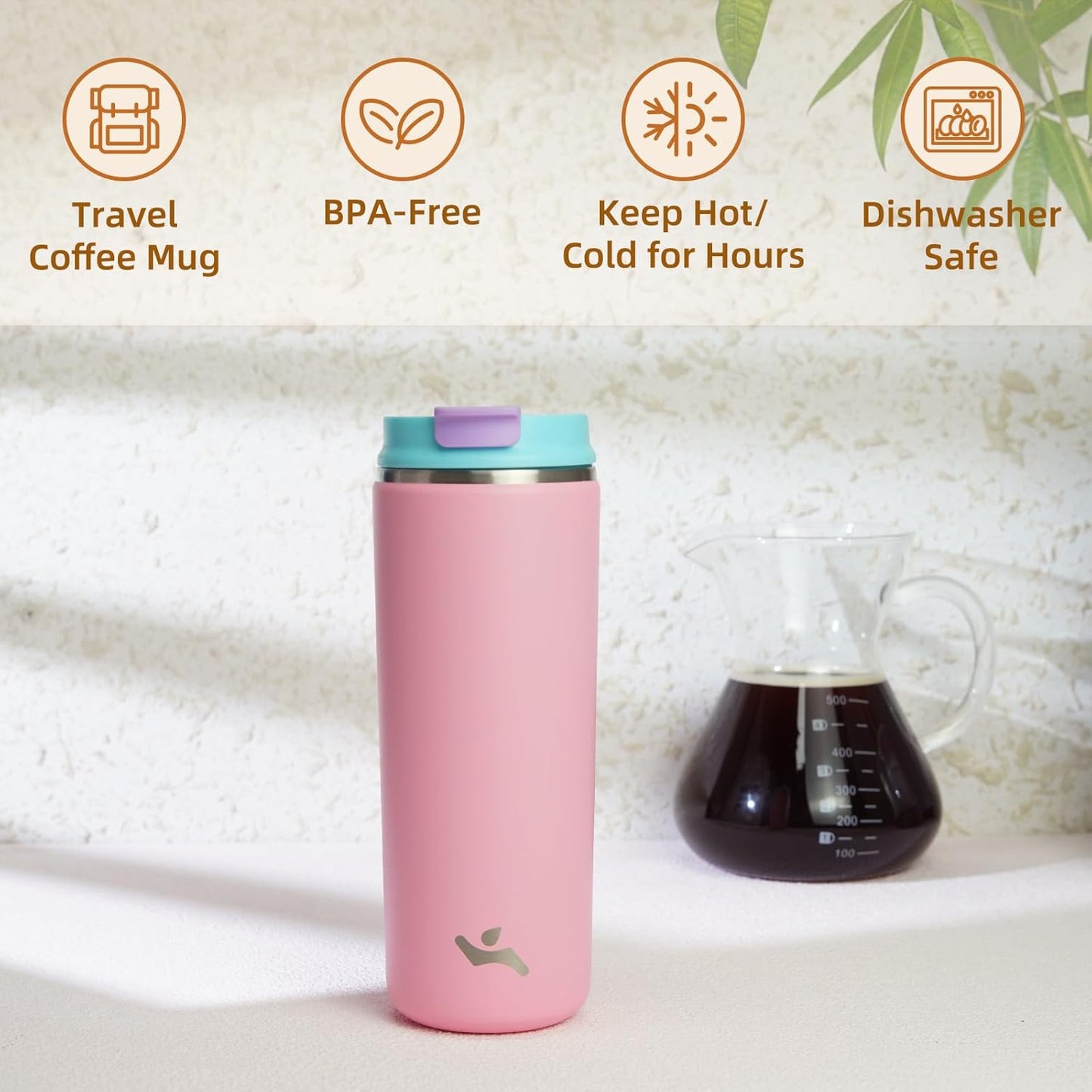 Tumbler with Lid, 16 oz Travel Coffee Mug Double Wall Vacuum Stainless Steel Thermal Metal Cup Insulated Water Bottle,Pink