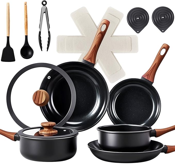 Bonnlo 17 PCS Non-Stick Cookware Set, Aluminum Pots and Pans Set, Induction RV Kitchen Cook Set, Microwave Safe, PFAS PFOA & PFOS Free, Black, for Gift, Home, House Warming