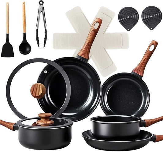 Bonnlo 17 PCS Non-Stick Cookware Set, Aluminum Pots and Pans Set, Induction RV Kitchen Cook Set, Microwave Safe, PFAS PFOA & PFOS Free, Black, for Gift, Home, House Warming