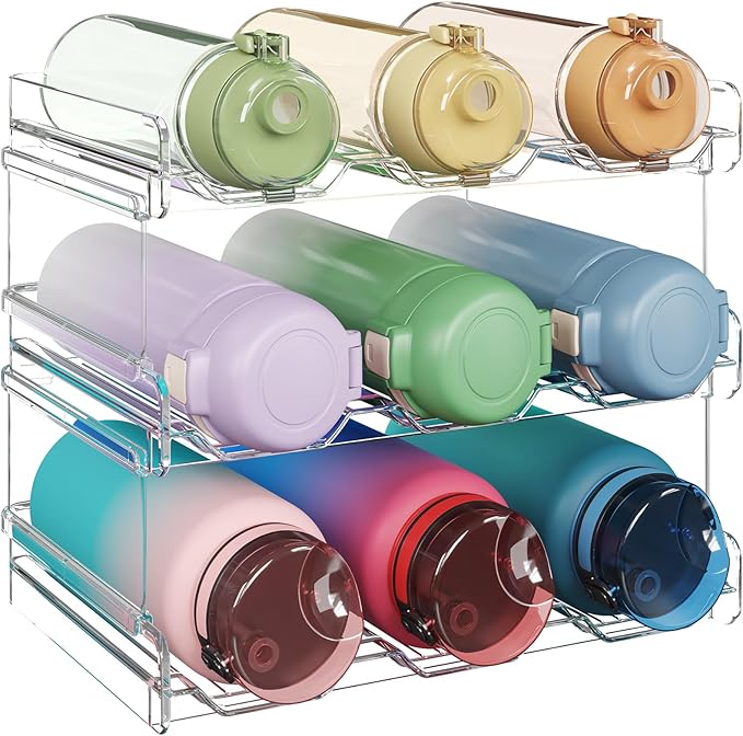 Lifewit Stackable Water Bottle Organizer for Cabinet, Water Bottle Holder, Kitchen Pantry Organization and Storage, Plastic Fridge Wine Racks, Tumbler Travel Mug Cup Holder, 3Pack, Hold 9 Bottles