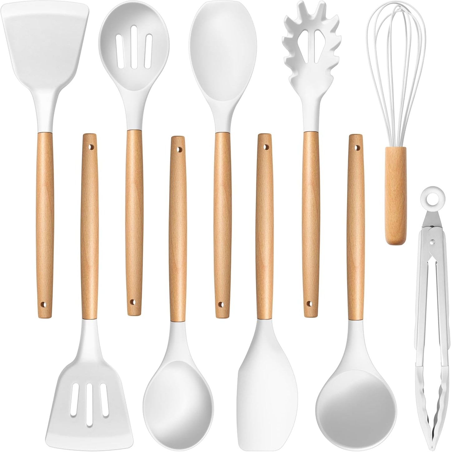E-far Silicone Cooking Utensils Set, 446℉ Heat Resistant 10PCS Kitchen Utensils Set with Wooden Handle for Nonstick Cookware, Kitchen Tools Spatula Whisk Tongs Ladle, Non-toxic & Healthy, White