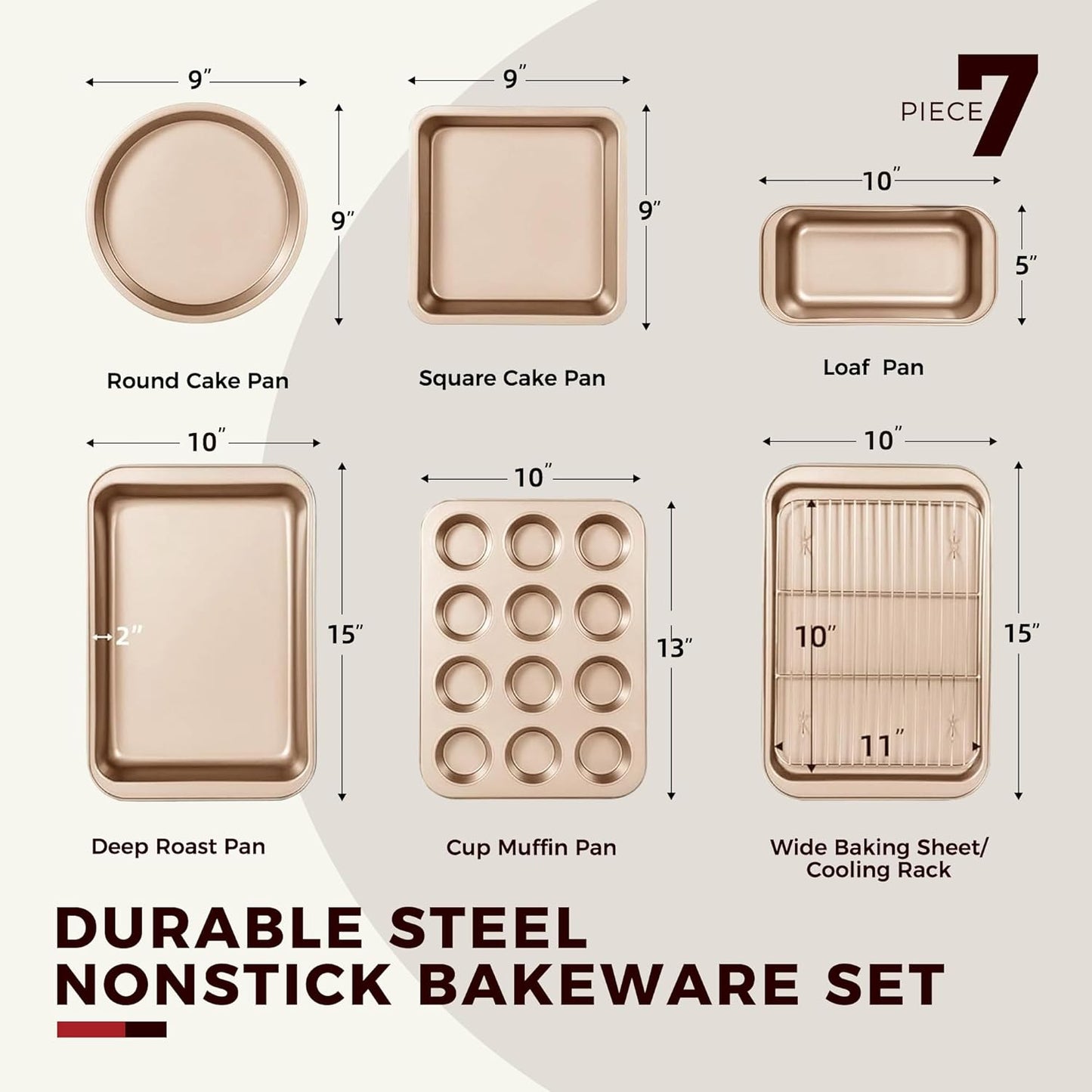 KITESSENSU Baking Pans Sets, Nonstick Bakeware Set 7-Piece with Round/Square Cake Pan, Loaf Pan, Muffin Pan, Cookie Sheet, Roast Pan, Cooling Rack & Silicone Oven Mitts, Carbon Steel Bake Set,Gold