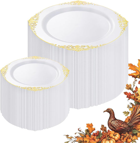 200PCS White and Gold Plates - Gold Plastic Plates - Fancy Disposable Plate - Gorgeous Christmas Dinner & Dessert Plate for 100 Guests for Wedding & Thanksgiving Party