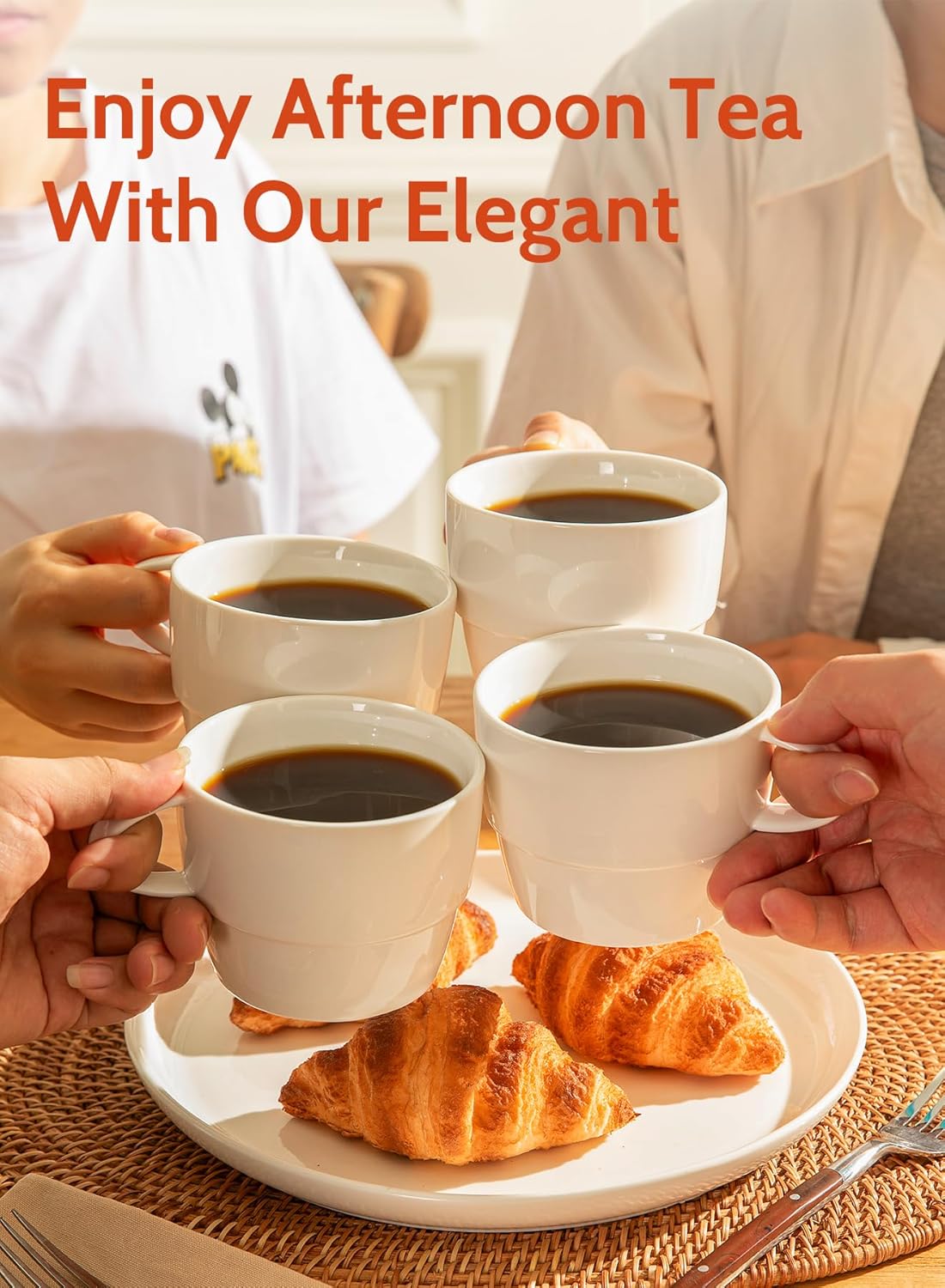 Sweese 6-Pack Porcelain Latte Cups - Stackable 10 Ounce Coffee Mugs for Cappuccino, Mocha, Tea - Space-Saving, Chip-Resistant - Dishwasher Friendly – Ideal for Home and Café, White