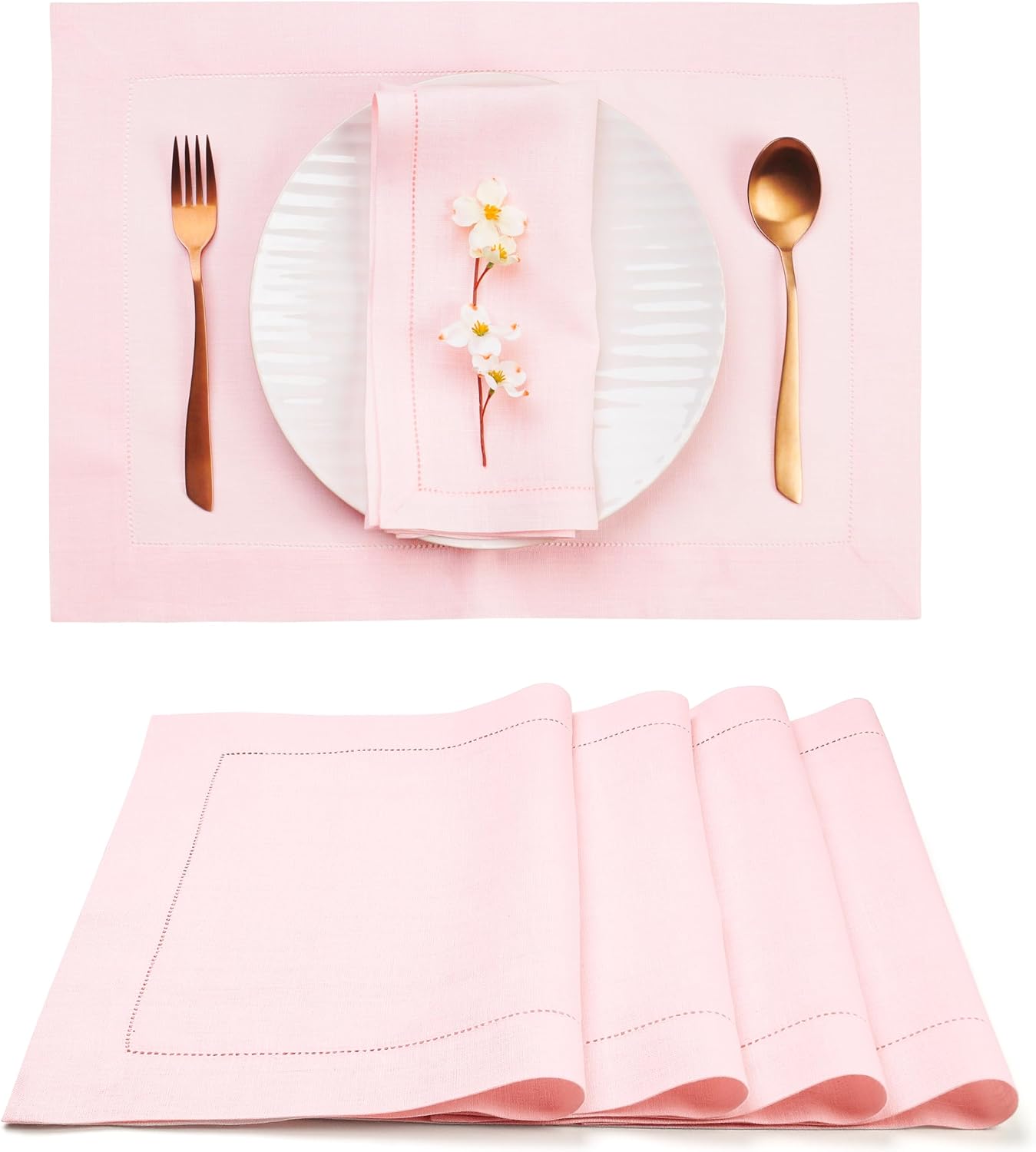 D'Moksha Homes Linen Placemats Set of 4 - Classic Hemstitch Pastel Pink Placemats 14 x 19 Inch - 100% Pure Linen Table Mats for Fall, Autumn and Halloween - Handcrafted and Machine Washable