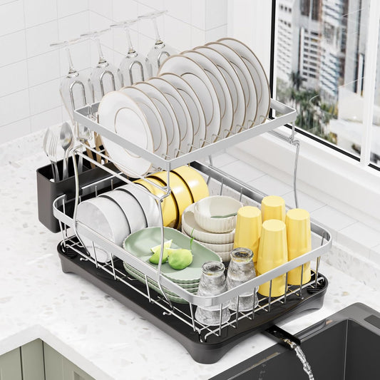 LIYI Dish Drying Rack,Large Dish Rack for Kitchen Counter,2-Tier Dish Racks with draining Tray,Detachable Capacity Dish Drainer Organizer,Black