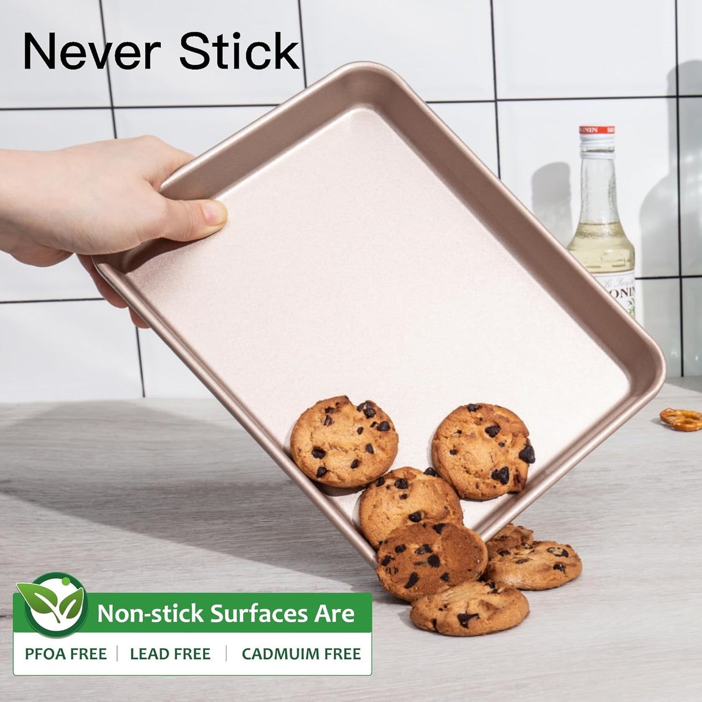 HONGBAKE Toaster Oven Pan Nonstick Set of 2, Premium 1/8 Sheet Pan for Baking, Small Cookie Sheet Tray, Dishwasher Safe and Heavy Duty - Rose Gold