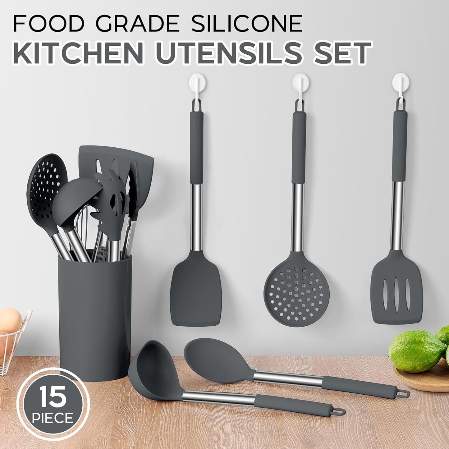 Onader Kitchen Cooking Utensils Set of 15, Silicone and Stainless Steel Utensils Spatula Set with Holder, Heat Resistant & Dishwasher Safe - Grey