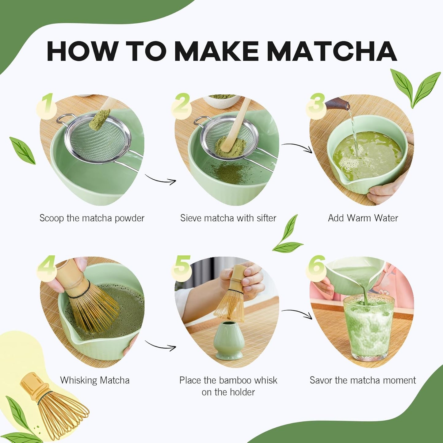 Traditional Matcha Tea Set, 8-Piece Ceremonial Kit with Ceramic Bowl, Bamboo Whisk, Holder, Scoop, Rest and Sifter-Green