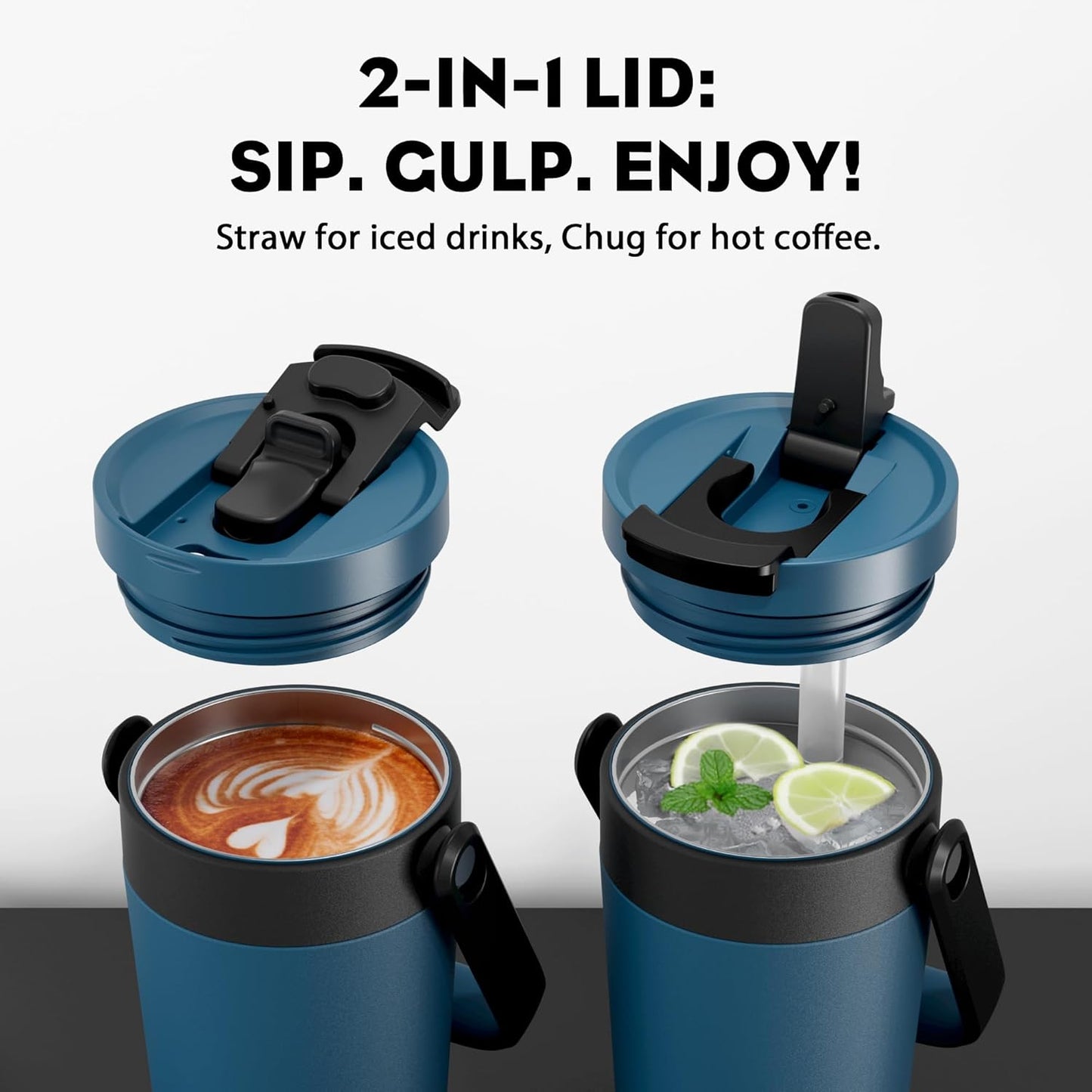 16 oz Insulated Coffee Mug for Work: 2-in-1 Straw Flip Lid, Keep Cold 24H, Fit in Car Cupholder, Leakproof, Stainless Steel Coffee Tumbler with Handle for Travel, Outdoor, Camping and Gifts (Deepsea)