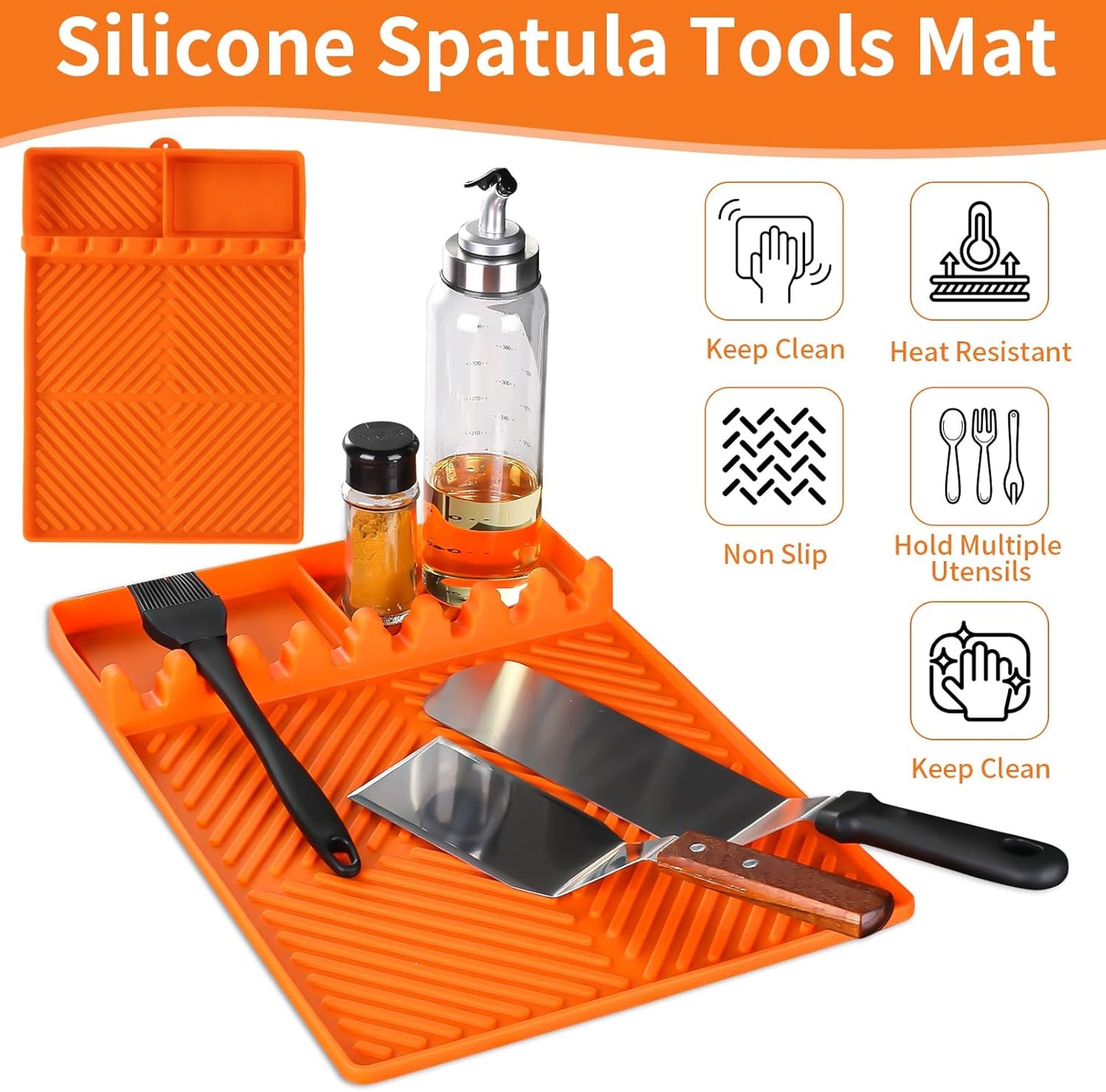 Silicone Griddle with Drip Pad Spatula Mat Barbeque Grill Accessories Tools for Blackstone, Side Shelf Pad for Outdoor Kitchen Counter, Cooking, Countertop (Orange)