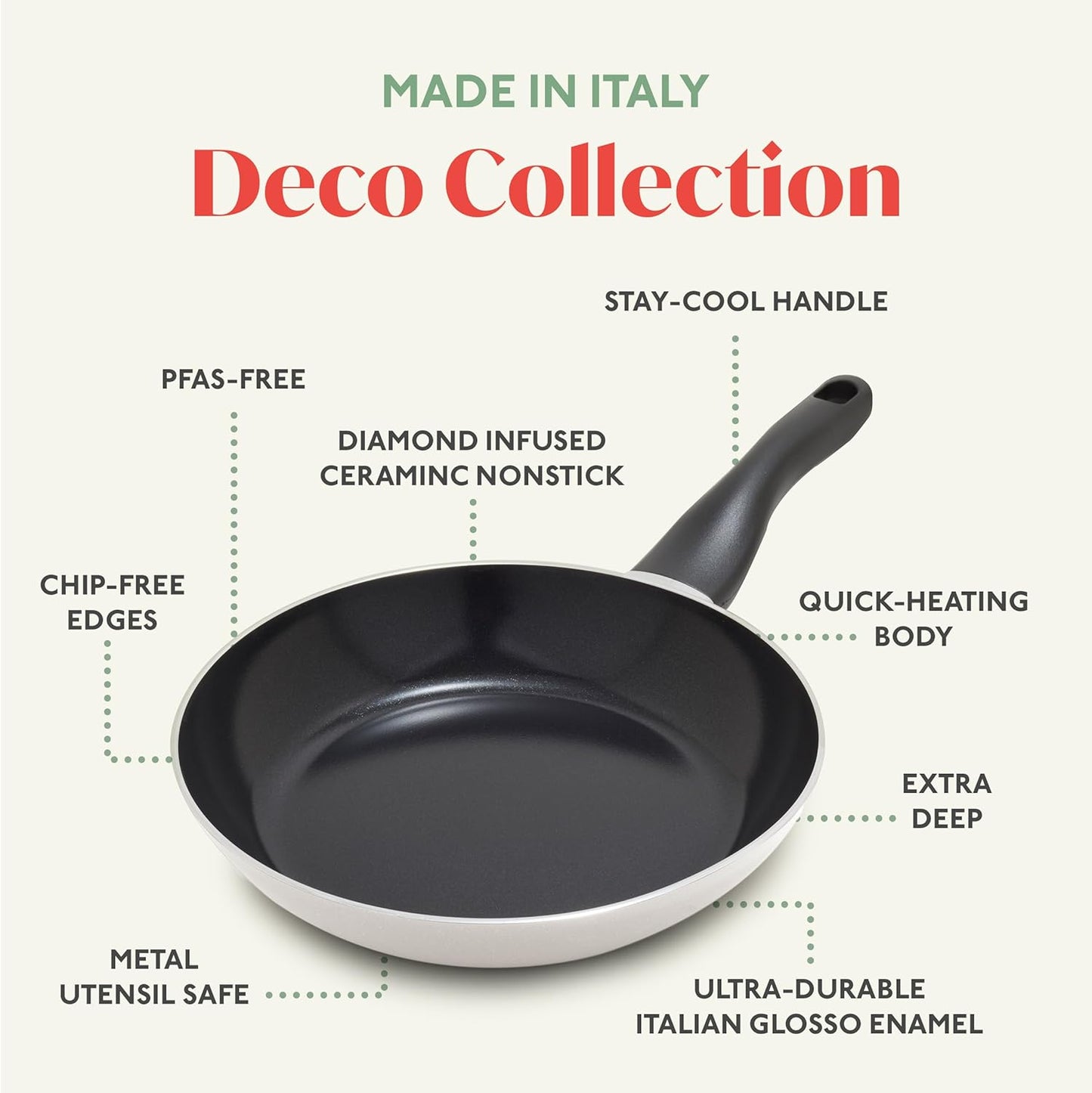 Deco 8” Nonstick Frying Pan Skillet, Made in Italy, Diamond Ceramic PFAS-Free, Dishwasher & Metal Utensil Safe, Durable Gloss Enamel Finish, Stay-Cool Handle, High Walls-Extra Room, Taupe