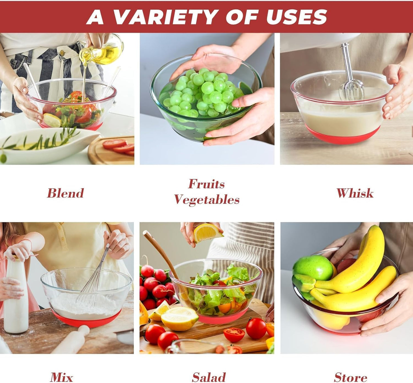 Glass Mixing Bowls Set of 3 with BPA-Free Airtight Lids, Large Nesting Bowls with Non-Slip Silicone Base, Ideal for Food Storage, Dishwasher & Microwave Safe, Sizes: 2, 1, 0.5 QT Red