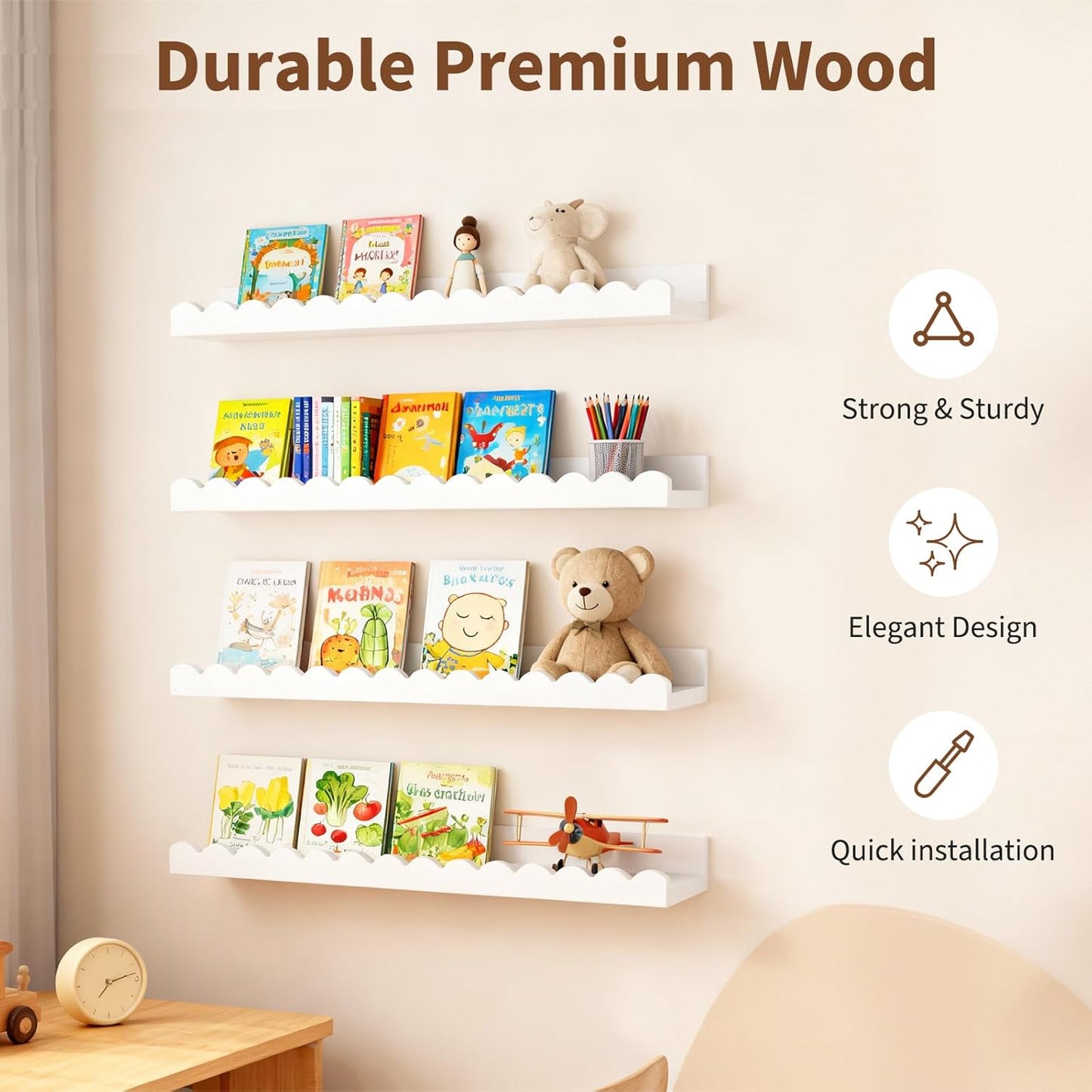 LinTimes Floating Shelves for Wall Set of 4, Wall Mounted Rustic Wood Shelves for Bedroom, Living Room, Kitchen, Hanging Shelf for Books/Storage/Room Decor with 7.94Lbs Capacity, White 16.5*5.1*1.7