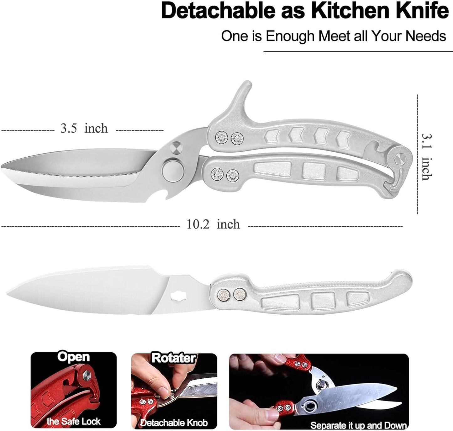 Heavy Duty Kitchen Shears, Detachable Poultry Shears with Serrated Edge, Spring-Loaded Stainless Steel Chef Scissors Cutting Bone, Chicken, Fish, Food, Meat, Silver Full Steel Handle