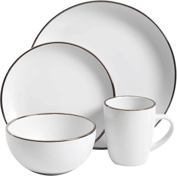 Gibson Home Rockaway Round Stoneware Dinnerware Set, Service for 4 (16pcs), Matte White/Metallic Rim