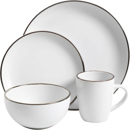 Gibson Home Rockaway Round Stoneware Dinnerware Set, Service for 4 (16pcs), Matte White/Metallic Rim