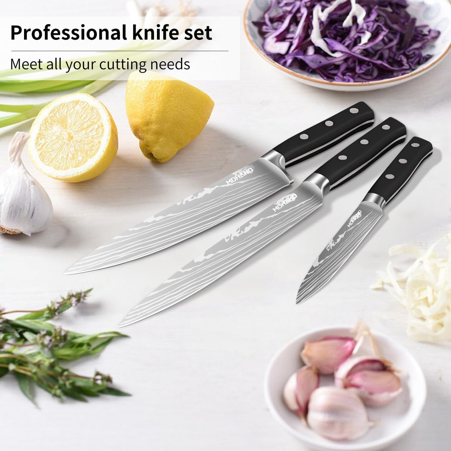 MDHAND Knife Set with Block, 15 Pieces Professional Chef Knife Set, Forged, High Carbon Stainless Steel Kitchen Knife Set with Sharpener - Forged Triple Rivet, Dishwasher Safe, Best Chef Gifts, Black