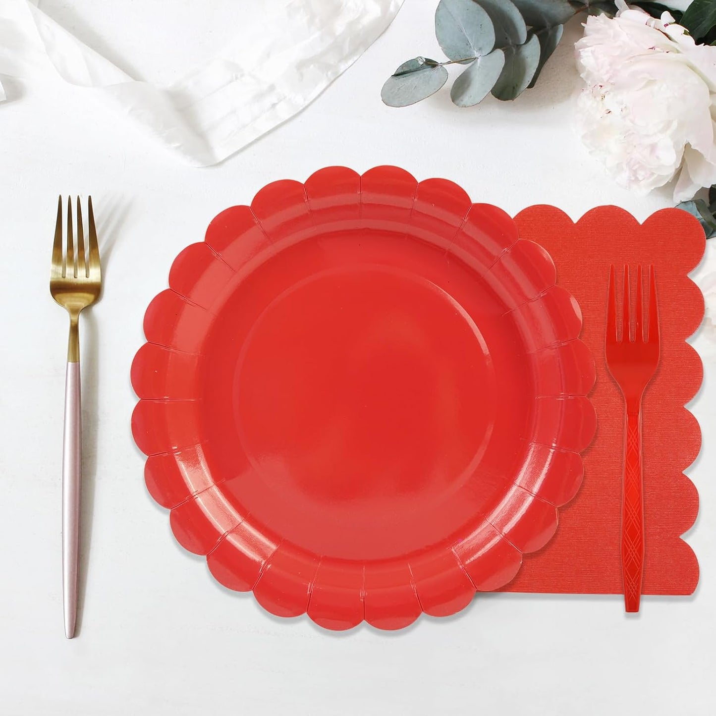 75Pcs Red Paper Plates Set-7 Inch Scalloped Christmas Plates Disposable Red Dessert Plate Nakpins Forks Party Supplies for Wedding Baby Shower Fall Pininc Birthday Table Decor Serve25