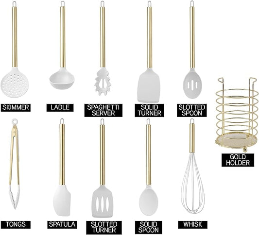 COOK WITH COLOR Silicone Cooking Utensils, Kitchen Utensil Set, Easy to Clean Silicone Kitchen Utensils, Cooking Utensils for Nonstick Cookware, Kitchen Gadgets Set with Holder, 10 Pieces