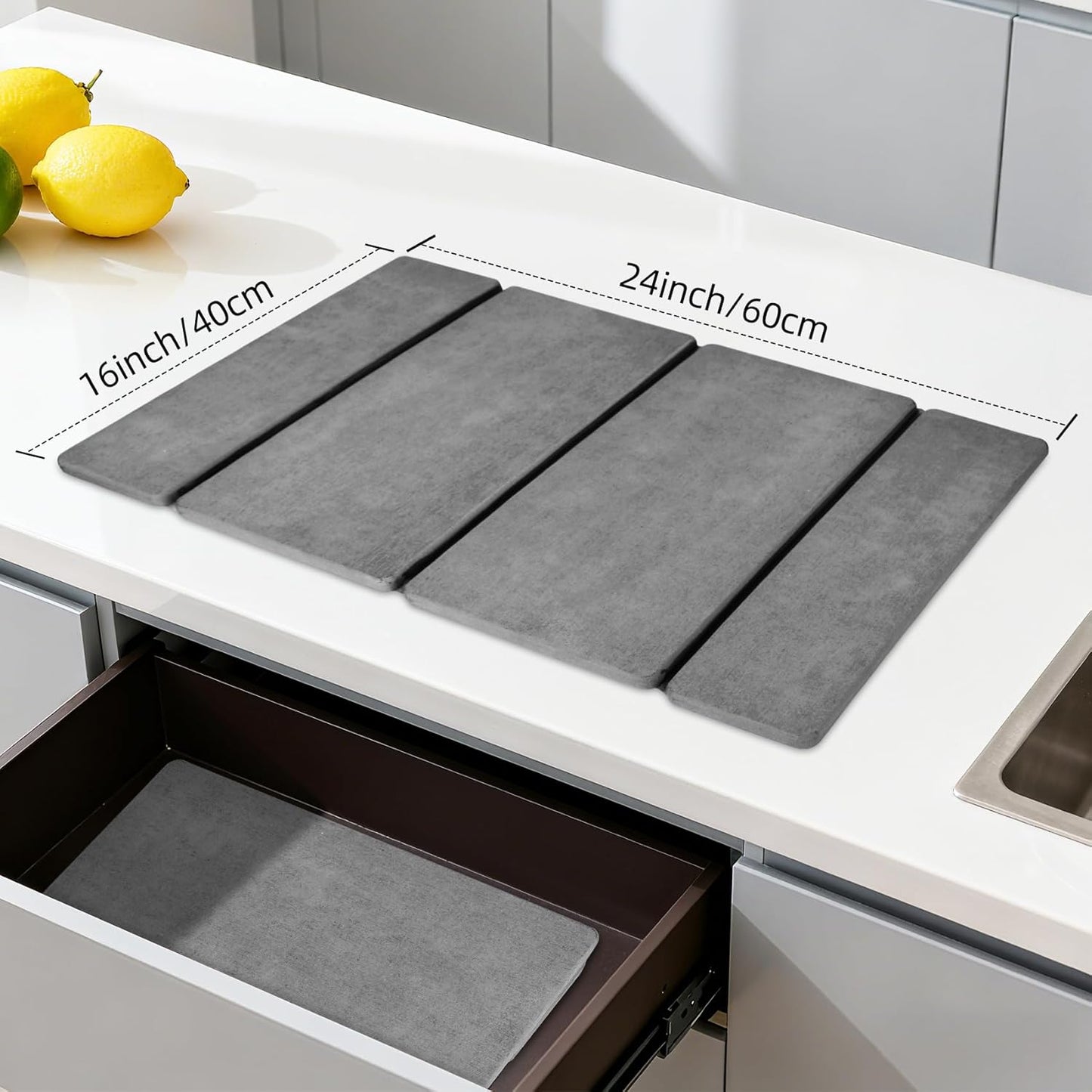 Stone Dish Drying Mat for Kitchen Counter，24x16 Collapsible Diatomaceous Earth Mats， Quick Drying Absorbent Dish Mat,Non-Slip Countertop & Bath Mat for Dishes Cups Bottles,Dark Gray