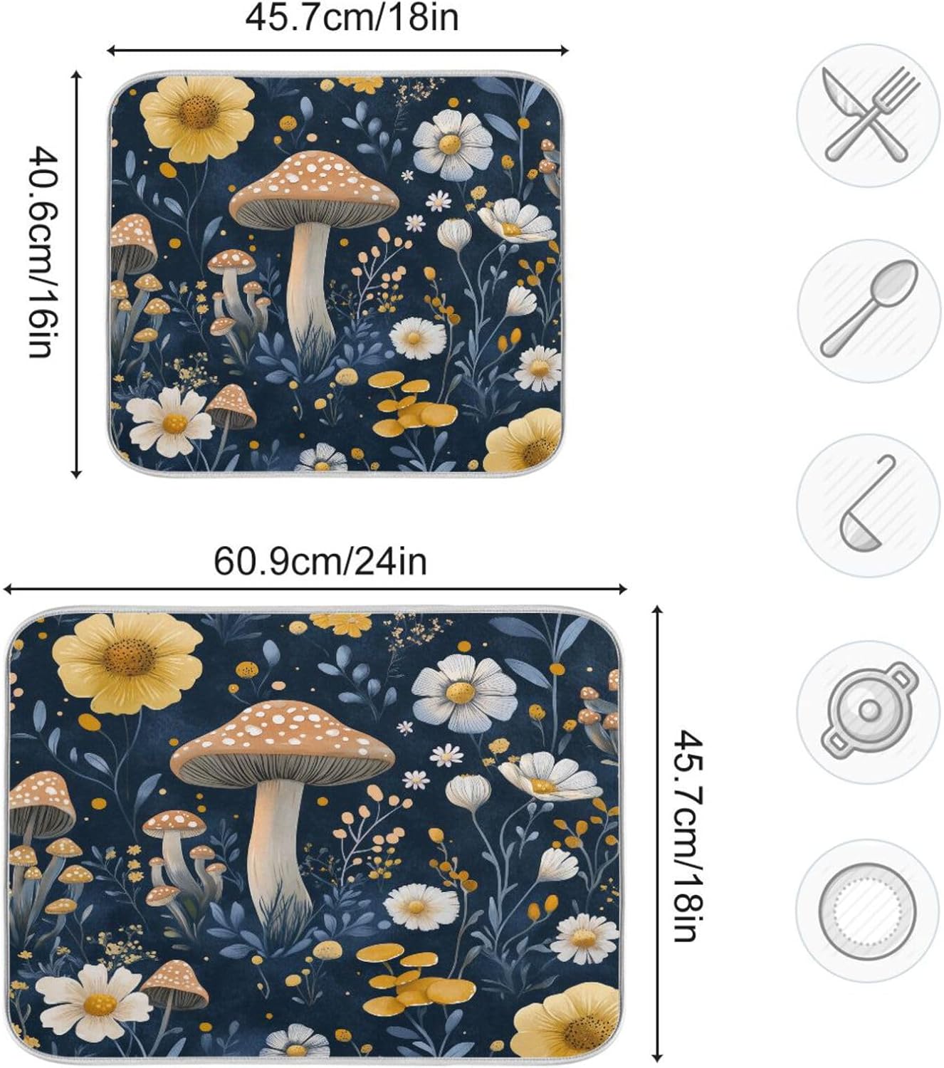 Wildflowers and Mushrooms Dish Drying Mat for Kitchen Counter Super Absorbent Dishes Pad Reversible Microfiber Protector Dish Draining Mats 16x18 inch