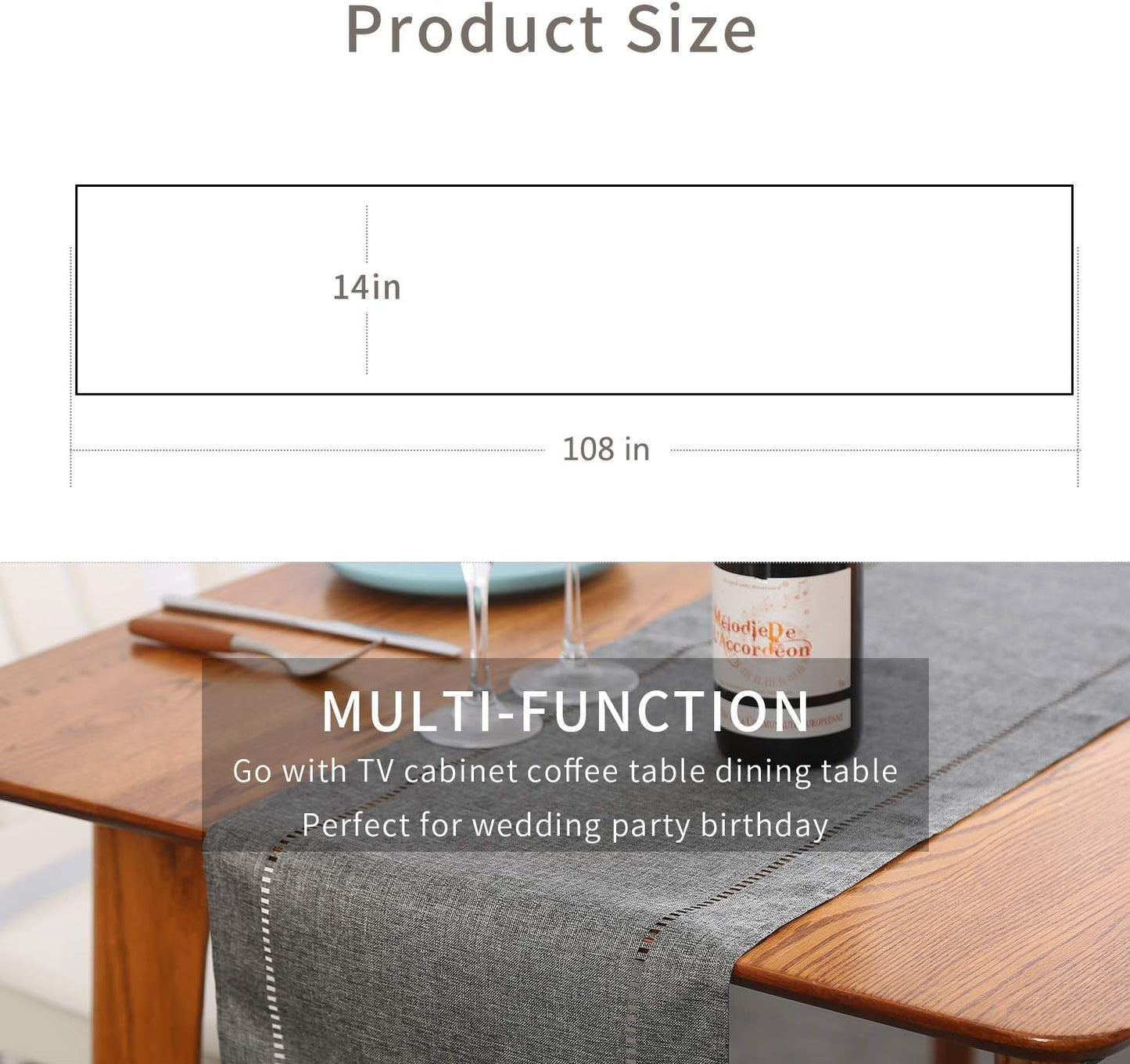 Tosewever Decorative Linen Table Runner Farmhouse Style Tabletop Collection 14 x 108 Inches Table Runners for Everyday Dining Wedding Party Holiday Home Decor (14" x 108", Grey/Straight)