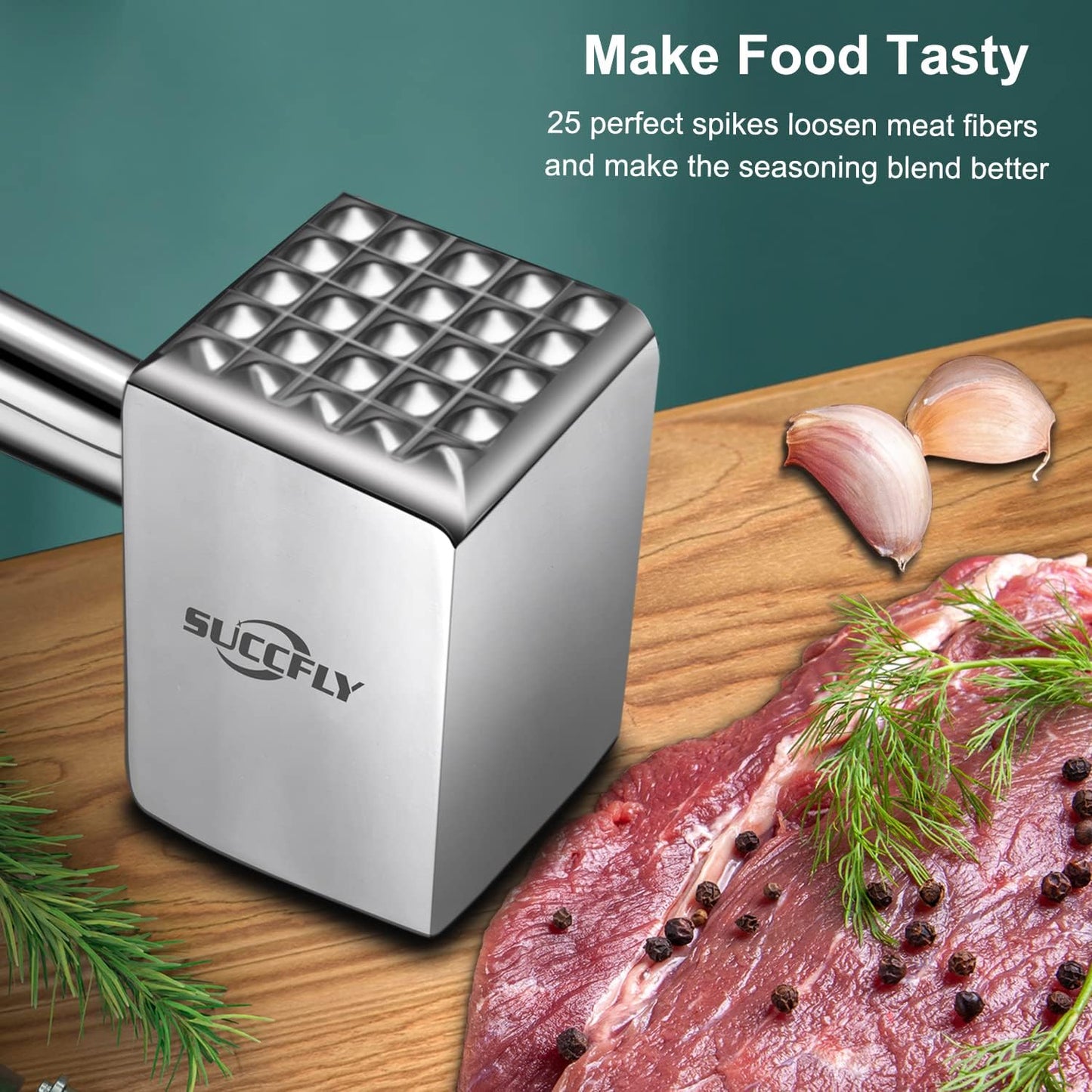 Meat Tenderizer Stainless Steel, Heavy Duty Meat Hammer, Kitchen Meat Mallet 1.65LB Meat Pounder Flatterner Weighted Hammer Extended Handle for Labor-saving Chicken Steak Meat Tenderizer Tool