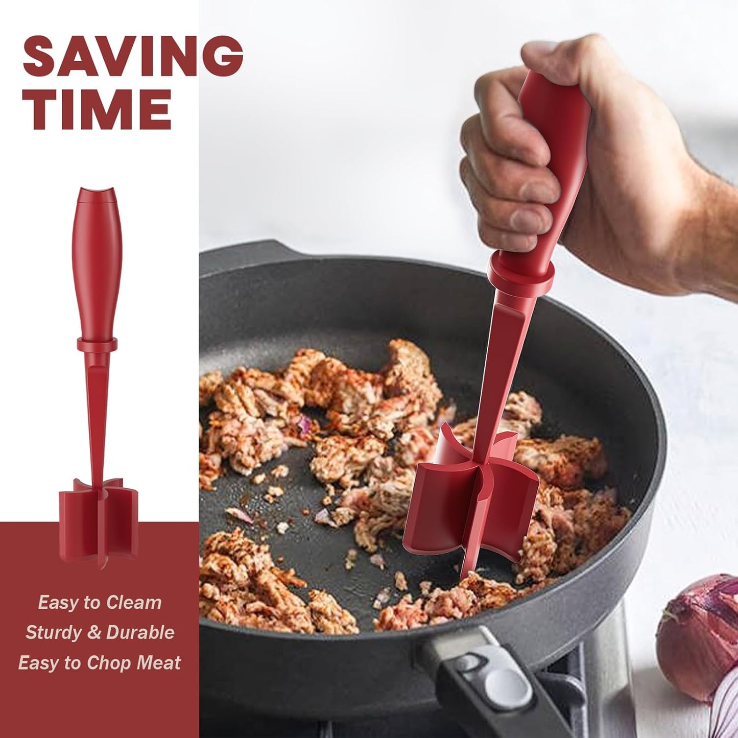2 Pcs Meat Chopper, Upgrade Hamburger Grinder, Premium Heat Resistant Meat Masher for Ground Beef, Ground Turkey and More, Non Stick Mix Chopper, Hamburger Smasher Safe-Red