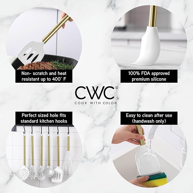 COOK WITH COLOR Silicone Cooking Utensils, Kitchen Utensil Set, Easy to Clean Silicone Kitchen Utensils, Cooking Utensils for Nonstick Cookware, Kitchen Gadgets Set with Holder, 10 Pieces