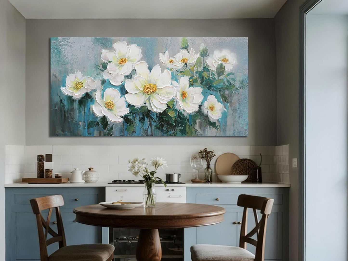 Ardemy White Floral Canvas Wall Art Large Teal Textured Pictures Wall Decor Turquoise Paintings Artwork for Living Room Bedroom Home Office, 48"x24"