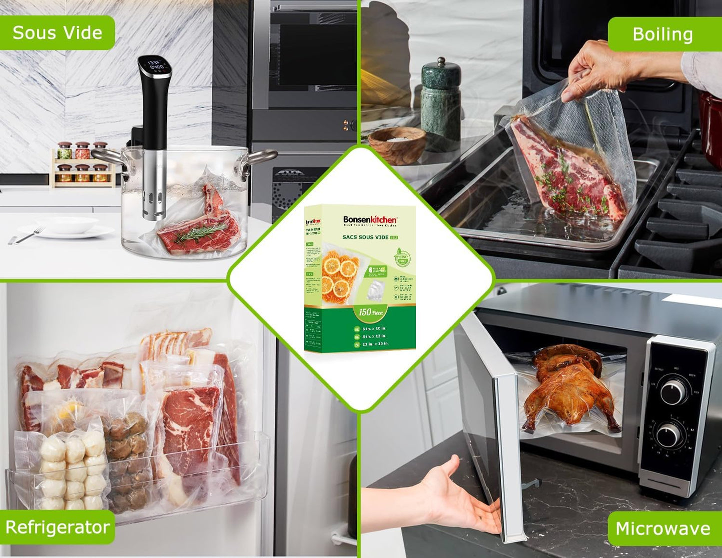 Bonsenkitchen Precut Vacuum Sealer Bags, 20 Gallon 11" x 16"+ 80 Quart 8" x 12"+ 50 Pint 6" x 10", Commercial Grade, BPA Free, Food Sealer Bags for Vac Storage, Meal Prep or Sous Vide Cooking, VB15