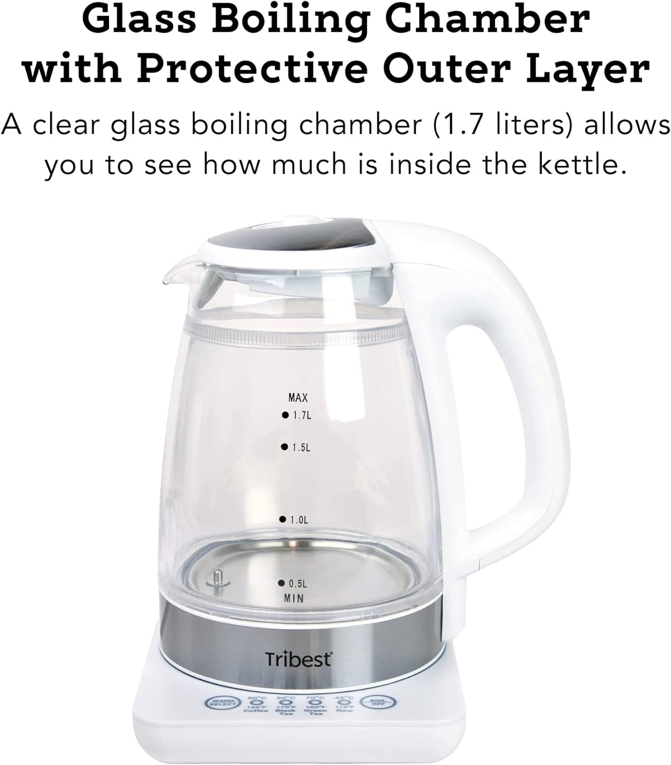 Tribest GKD-450 Hot Water Kettle, Electric Water Boiler & Water Warmer with Glass Tea Kettle, 110V, White