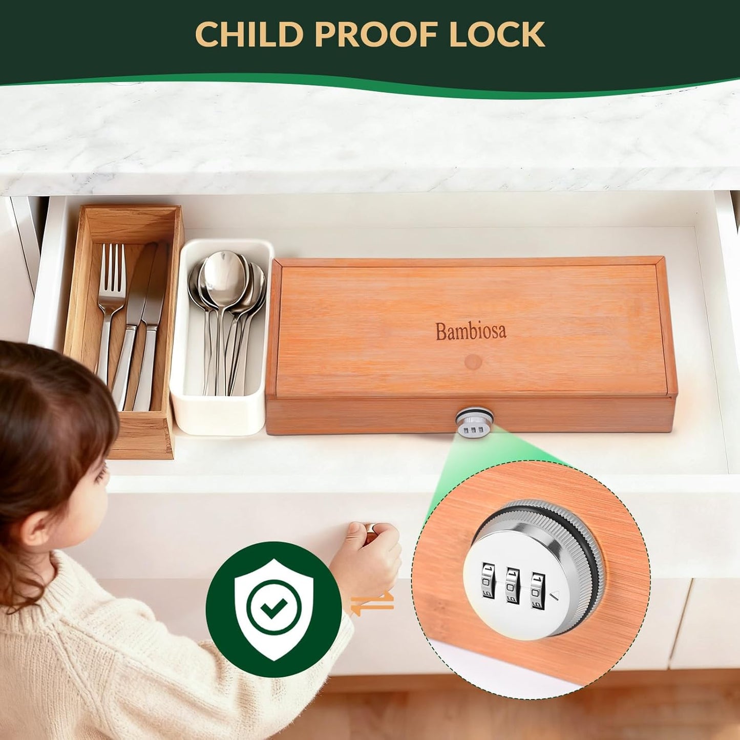 Kitchen Drawer Knife Organizer, Kid Safe Combination Lock Knife Drawer Organizer, Double Layer Bamboo Board, Includes Bamboo Tongs and Cleaning Cloth (Knives Not Included)