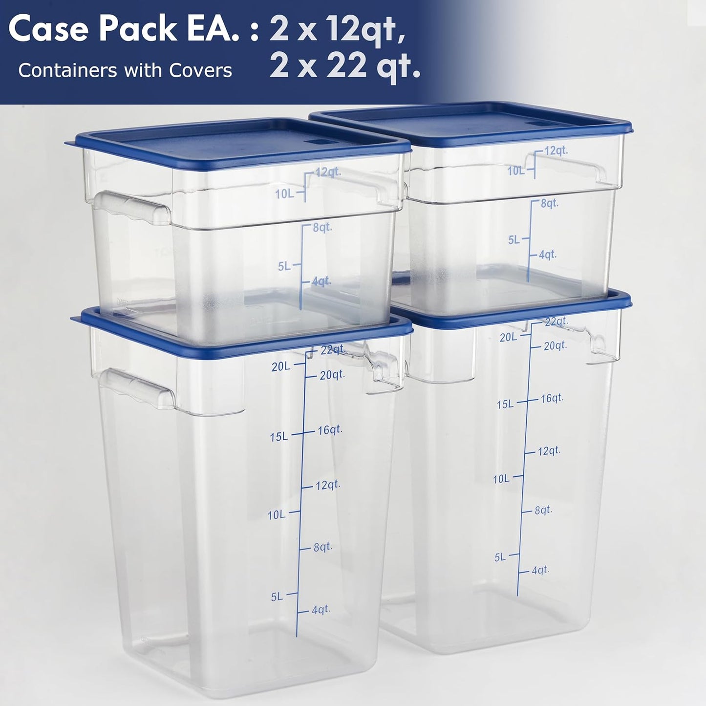 CURTA 4-Pack Food Storage Containers with Blue Lids - 12 Qt & 22 Qt Square Clear Polycarbonate - NSF Listed, Commercial Grade, Freezer & Dishwasher Safe, Stackable