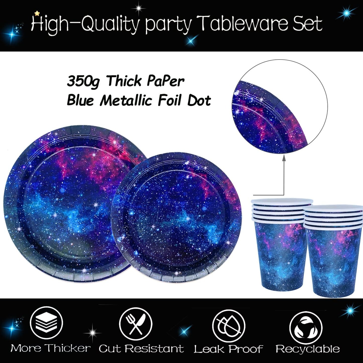 Space Galaxy Party Supplies Tableware Set Outer Space Theme Birthday Party Decoration Starry Night Solar System Planet Plates Napkins Forks Cups for 24 Guests