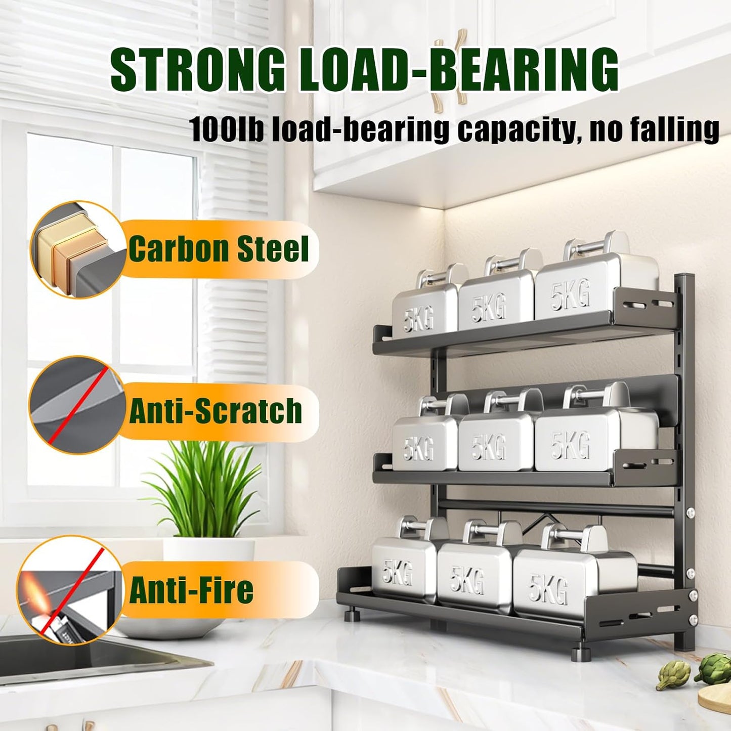 Spice Organization for Cabinet | 3 Tier Standing Height-Adjustable Spice Rack | Large Metal Rust-Proof Seasoning Organizer | Kitchen Storage Organization Shelf for Pantry Bathroom (3-40CM Black)