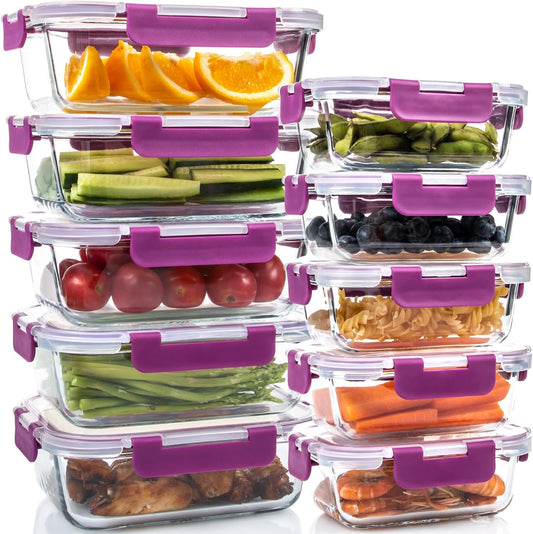 UMEIED 10 Pack Glass Food Storage Containers with Lids, Leakproof Airtight Glass Meal Prep Containers For Lunch, On The Go, Leftover, Dishwasher Safe