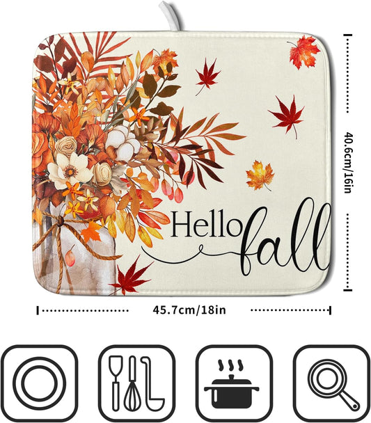 Hello Fall Dish Drying Mats 16x18 Inch, Autumn Orange Color Flowers Leaves Seasonal Washable Microfiber Drainer Rack Absorbent Pad Kitchen Counter Coffee Bar Protector