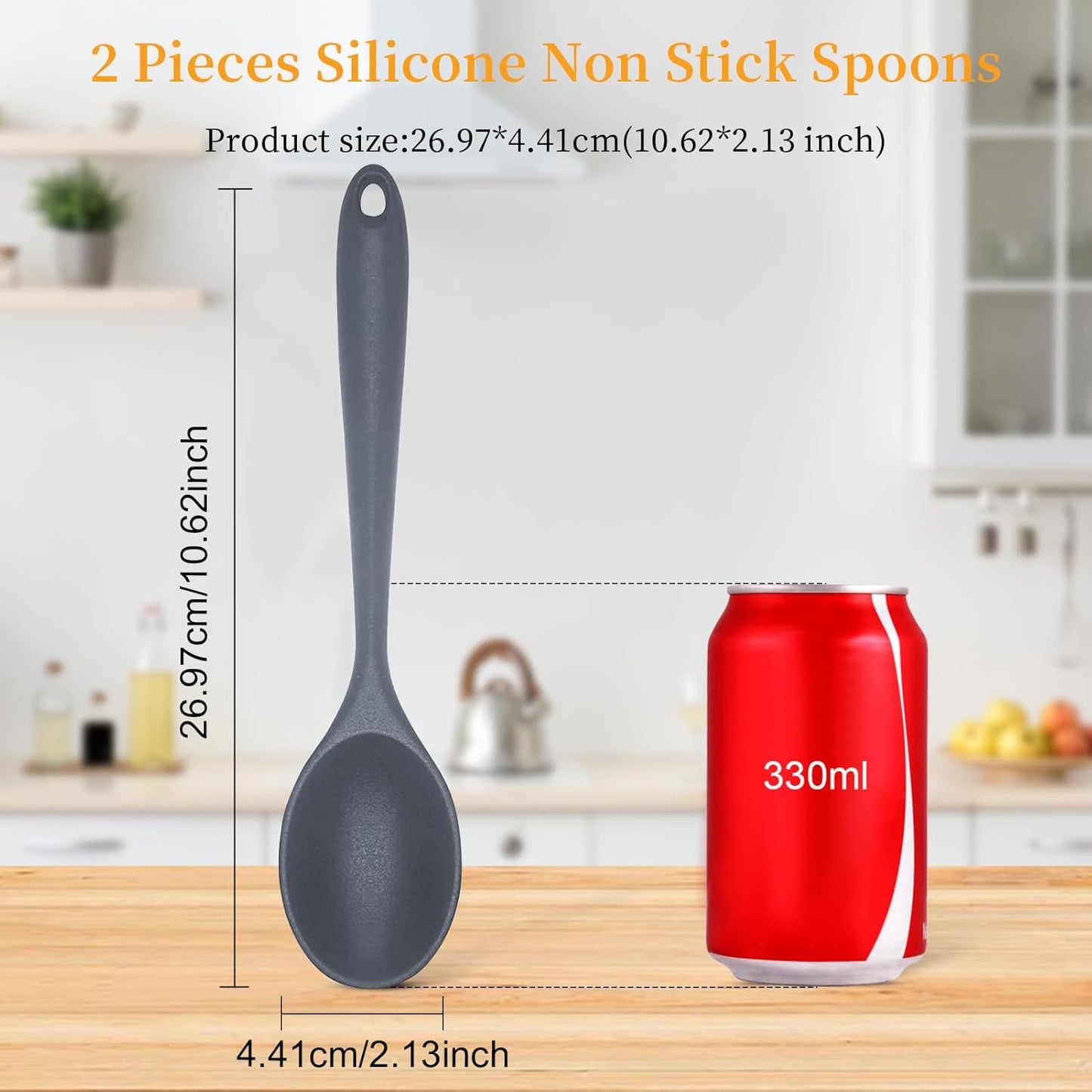 2 Pcs Silicone Nonstick Mixing Spoon, Silicone Spoons for Cooking Heat Resistant, Cooking Utensil for Kitchen Cooking Baking Stirring Serving (Grey)