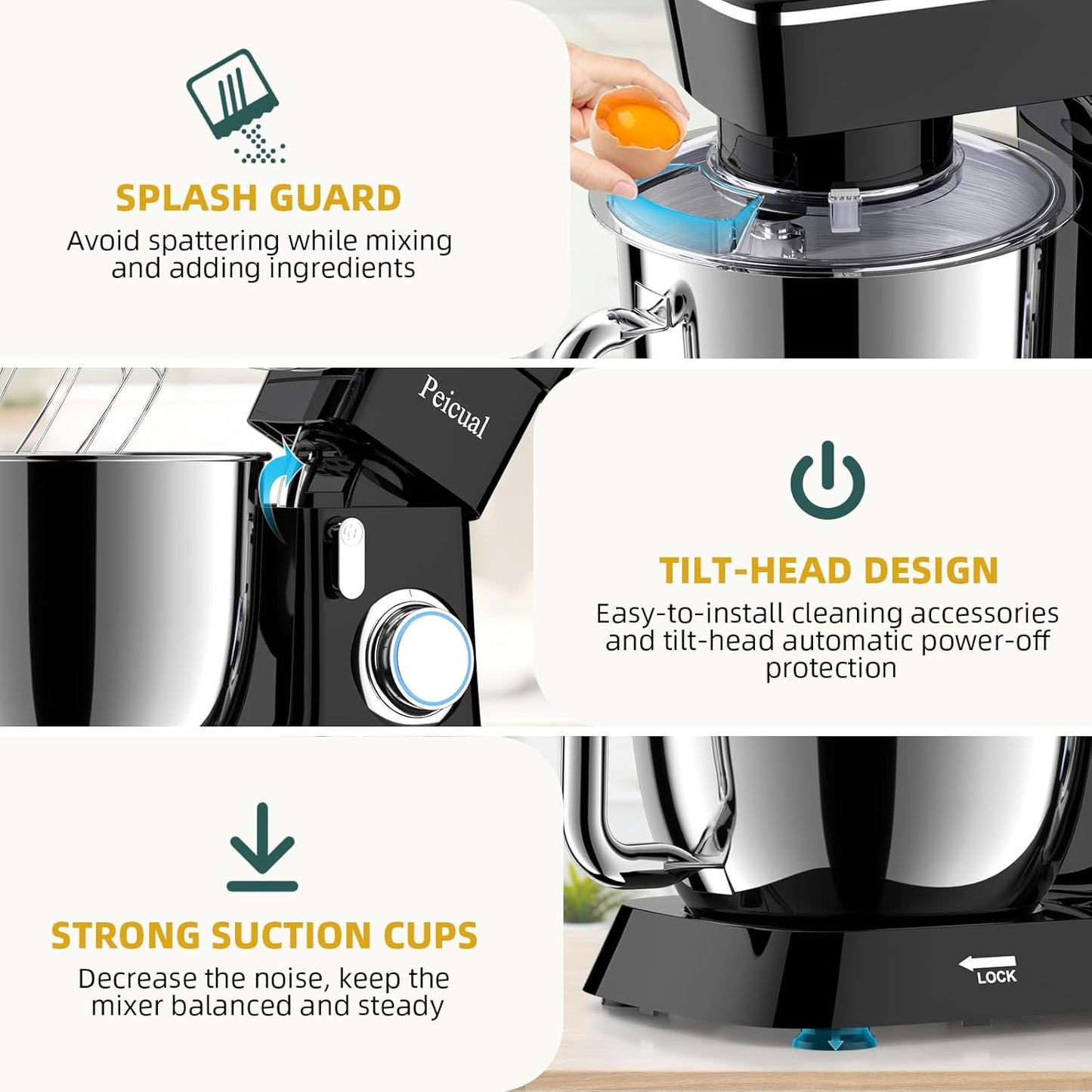 Stand Mixer, 6QT 10+P Speed Tilt-Head Kitchen Electric Mixer, Food Mixer with Stainless Steel Bowl, Dough Hook, Flat Beater, Wire Whisk, Splash Guard for Daily Use - Black