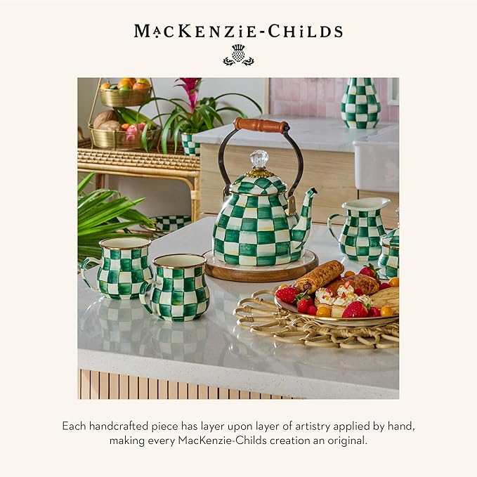 MACKENZIE-CHILDS Enamel Salad Serving Set, Enamel Bowl and Wooden Salad Servers, Decorative Kitchen Set, Green-and-White Emerald Check