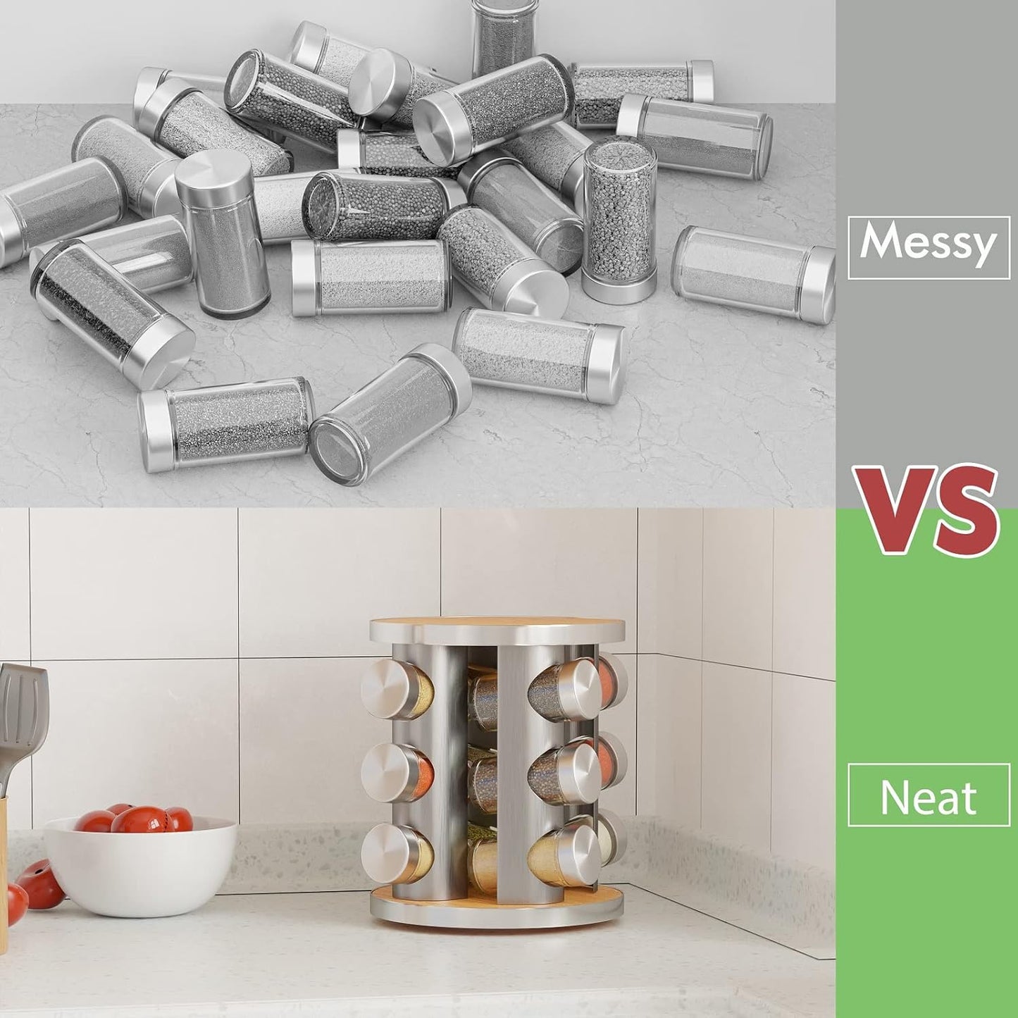 New England Stories Revolving Spice Rack Set with 12 Spice Jars, Kitchen Spice Tower Organizer for Countertop or Cabinet - Carousel Storage Includes 386 Spice Labels