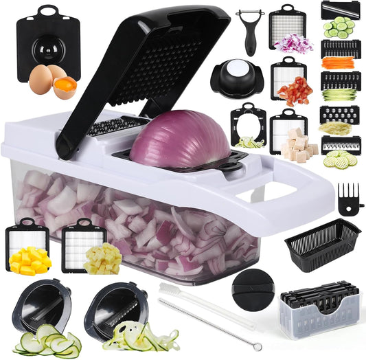 Multifunctional vegetable cutter 26 in 1 vegetable slicer, cucumber slicer, potatoes, tomatoes, zucchini, garlic, eggs, vegetable cutter with container and lid, salad cutter, dicing machine, shredder